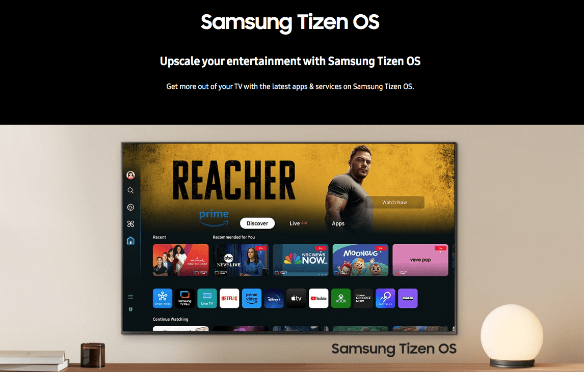 Samsung 55 inch DU8000 Smart TV displaying the Tizen OS smart hub with popular streaming applications.