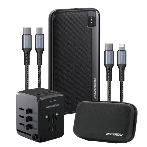 RockRose RRGT05PD20 Travel KIT PD Power Bank + Fast Charger + 2 Cables  Lightning & USB-C - Black