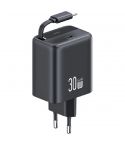 Usams CC241 Type-C Charger with Retractable Cable, 30W - Black