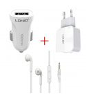 Ldnio DL-C17 Car Charger USB - White & Ldnio A2202 Wall Charger 2x USB - White & VIDVIE Wired In-Ear Earphone, HS604 - White