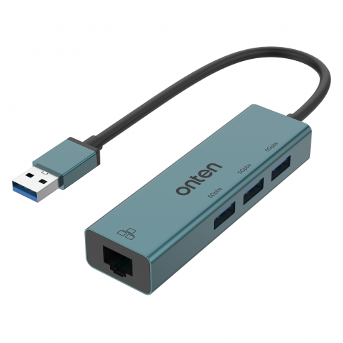 Onten USB 3.0 100M network card + 3 ports HUB Gigabit Ethernet Adapter, OTN-5221 - Green