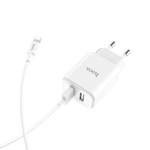 Hoco C62A Victoria dual port charger With Lightning cable - White