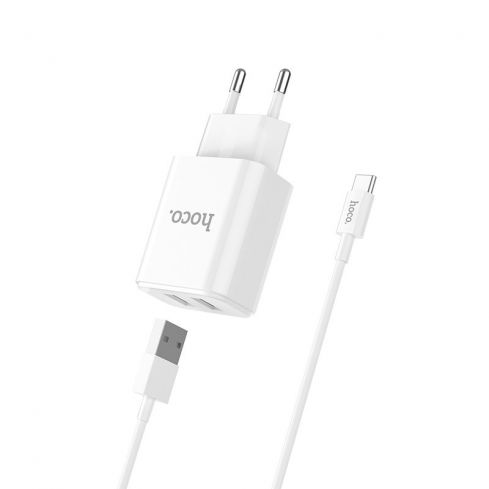 Hoco C62A Victoria dual port charger With Type-C cable - White