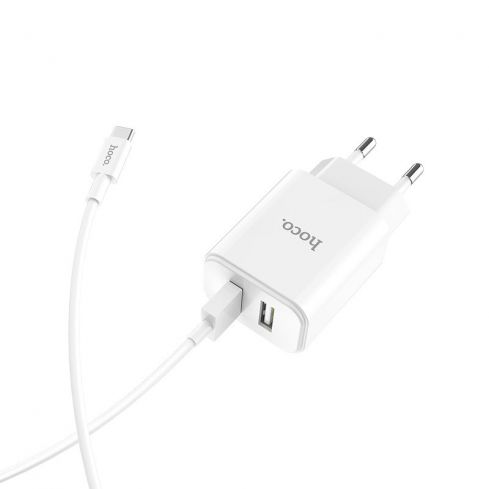 Hoco C62A Victoria dual port charger With Type-C cable - White