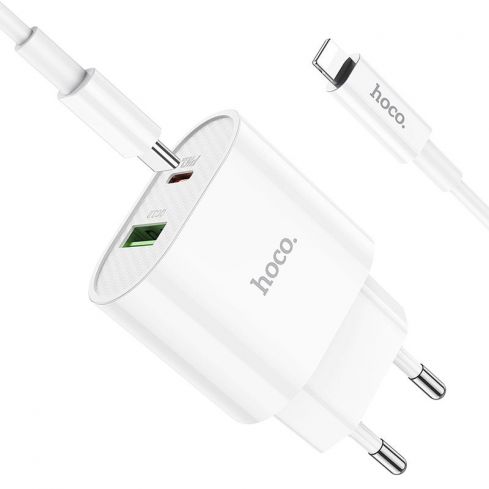 Hoco C95A PD20W+QC3.0 Charger With Type-C To Lightning Cable - White 