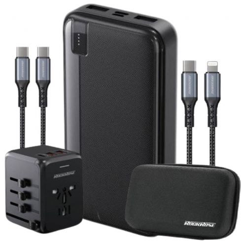 RockRose RRGT05PD20 Travel KIT PD Power Bank + Fast Charger + 2 Cables Lightning & USB-C+ Hard Organizer Pouch RMB06 - Black