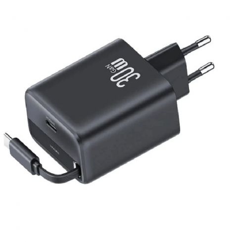 Usams CC241 Type-C Charger with Retractable Cable, 30W - Black