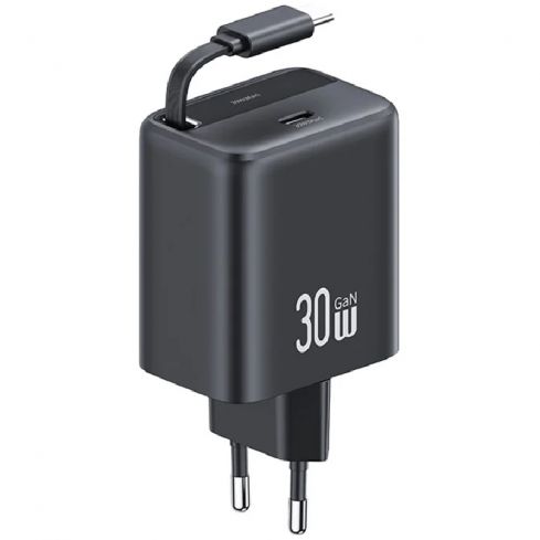 Usams CC241 Type-C Charger with Retractable Cable, 30W - Black