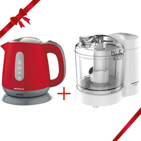 Bundel Sonai Chopper, 120 Watt, 350 ml, SH-570 - White + Sonai Kettle,1100 Watt, 1,2L, Mar-2200 - Red