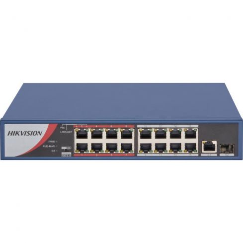 Hikvision PoE Switch 16 Ports Fast Ethernet Unmanaged, DS-3E0318P-E/M(B) - Blue