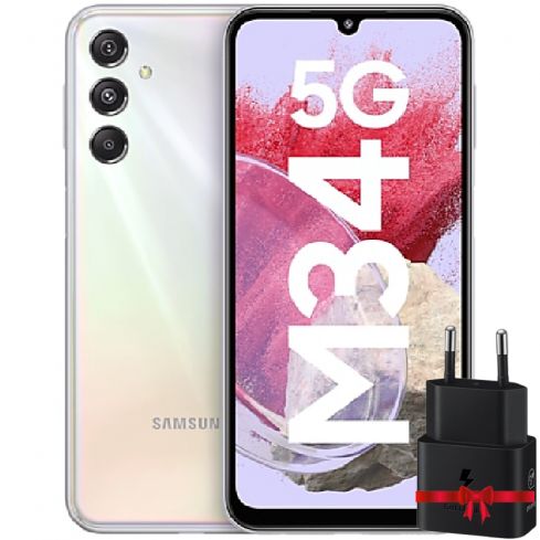 Samsung Galaxy M34 5G 6GB RAM, 128GB - Prism Silver + Samsung 25Watt Adapter