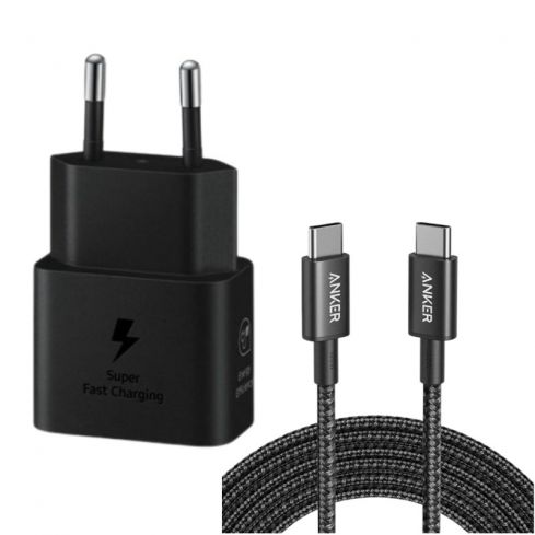 سامسونج شاحن منزلي USB-C 25 واط - أسود & أنكر  كابل من النوع C إلى النوع C، 3.3 قدم، 60 واط شحن سريع، A8752H11 - أسود