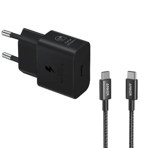 Samsung Charger Home Adapter USB-C 25W - Black & Anker Cable Type-C TO Type-C , 3.3ft , 60W Fast Charging, A8752H11 - Black