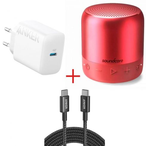 Anker Mini 2 Bluetooth Speaker, A3107H91 - Red & Anker Adapter 20W PD, A2347L21 - White & Anker Cable Type-C TO Type-C , 3.3ft , 60W Fast Charging, A8752H11 - Black