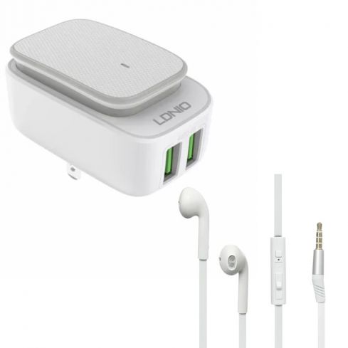 LDNIO Wall Charger 2 Ports, 2.4A, A2205 - White & VIDVIE Wired In-Ear Earphone, HS604 - White