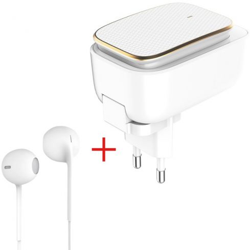 LDNIO Wall Charger 2 Ports, 2.4A, A2205 - White & VIDVIE Wired In-Ear Earphone, HS604 - White