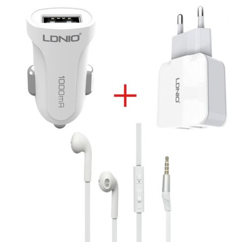 Ldnio DL-C17 Car Charger USB - White & Ldnio A2202 Wall Charger 2x USB - White & VIDVIE Wired In-Ear Earphone, HS604 - White