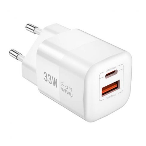 WiWU Nano Series GaN 33W Fast Wall Charging 2 Ports (Type-C & USB), Wi-U008 - White