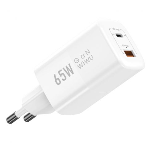 WiWU Nano Series GaN 65W Fast Wall Charging 2 Ports (Type-C & USB), Wi-012EU - White
