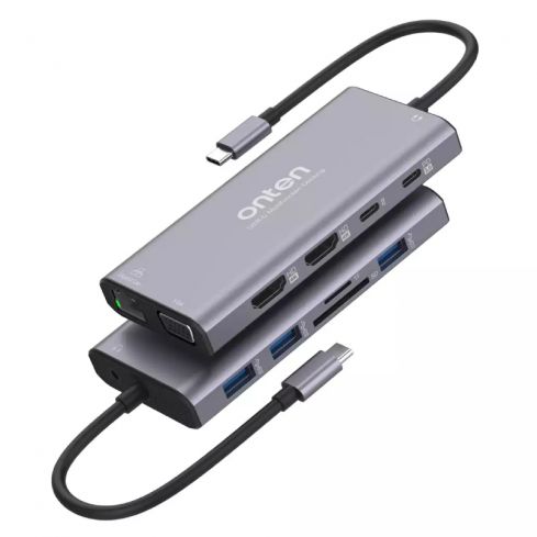   اونتن  ١٢ في ١ USB-C HUB - HDMI (4K) X2 + VGA + RJ45 + USB-C X2 (PD 3.0 + بيانات) + USB 3.0 X3 + TSD/TF + مخرج صوت 3.5 مم، UC601 - فضي