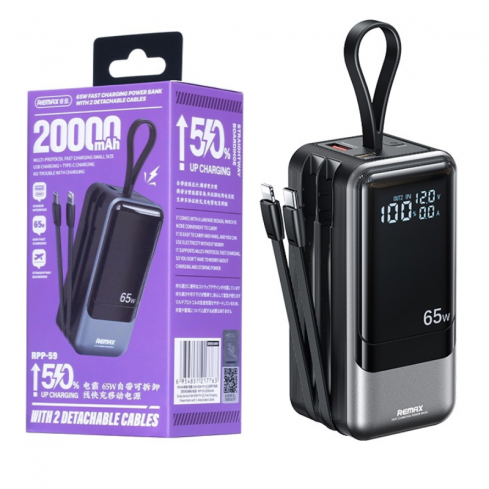 ريماكس RPP-59 باور بانك بشحن سريع من سلسلة دينبا، 20000 مللي أمبير/ساعة (PD 65 واط + QC 60 واط) - أسود