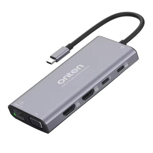   اونتن  ١٢ في ١ USB-C HUB - HDMI (4K) X2 + VGA + RJ45 + USB-C X2 (PD 3.0 + بيانات) + USB 3.0 X3 + TSD/TF + مخرج صوت 3.5 مم، UC601 - فضي