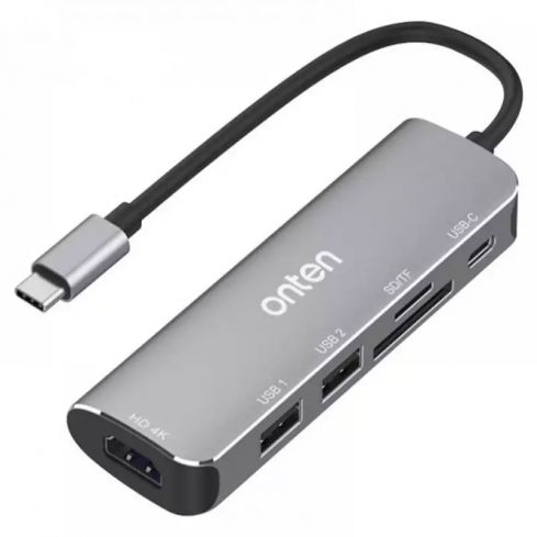 Onten 95116D USB C HUB Dock Station 6 in 1 – HDMI 4K@30Hz + SD/TF + USB 3.0 X2 + Type-C (PD 3.0) - Silver