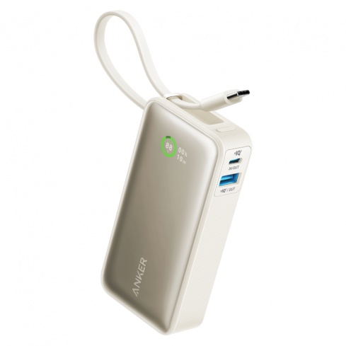 أنكر نانو باور بانك USB + Type-C 30 واط 10000 مللي أمبير في الساعة مع كابل تايب سي مدمج A1259H11 - أبيض