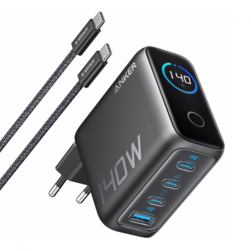 أنكر زولو شاحن حائط بقدرة 140 واط، 5 أمبير، (منفذ USB-A واحد – 3 منافذ USB-C) مع كابل USB-C – أسود
