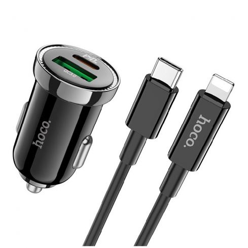 شاحن سيارة هوكو Z44 شحن سريع مع كابل USB-C إلى Lightning، 20 وات - أسود