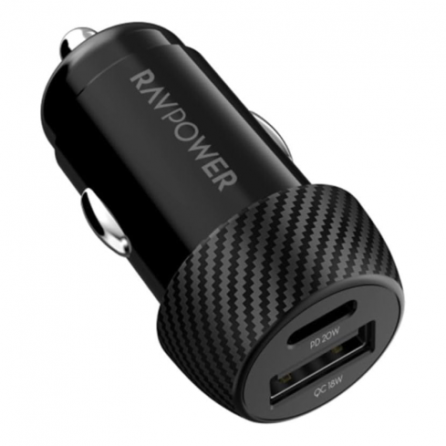  راف باور RP-VC1016 شاحن سيارة بقدرة 20 واط، بمنفذين (1 × USB-A و 1 × USB-C) – أسود
