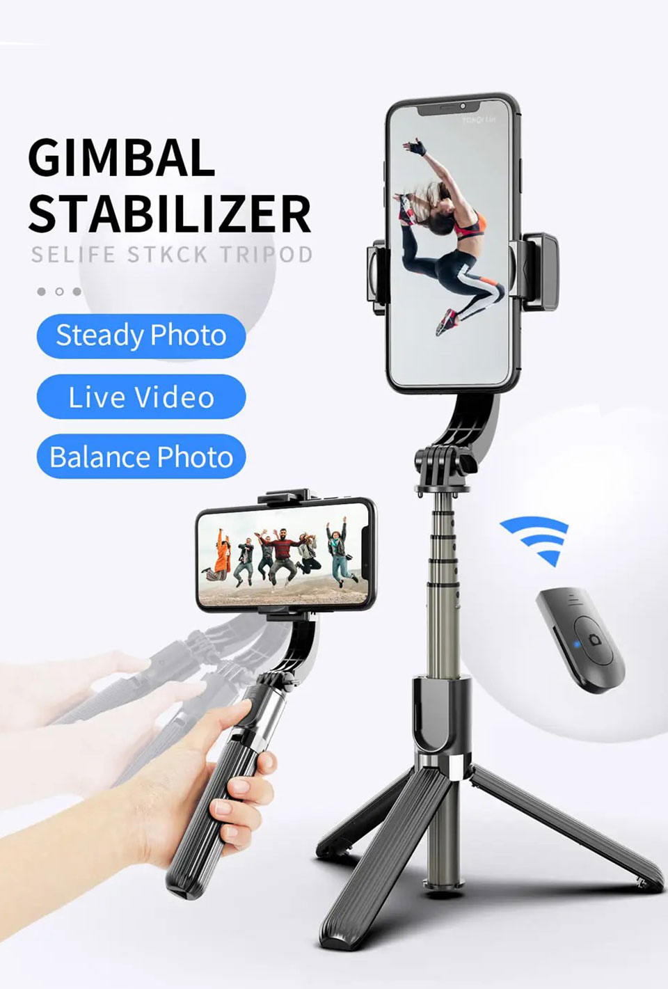 Wyl L08 Wireless Selfie Stick Tripod Gimbal Stabilizer - Black