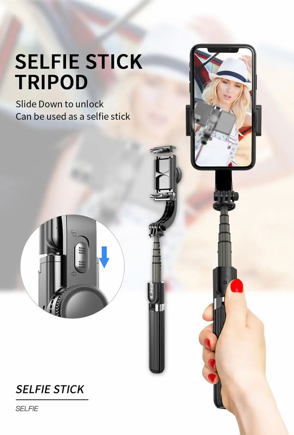 Wyl L08 Wireless Selfie Stick Tripod Gimbal Stabilizer - Black